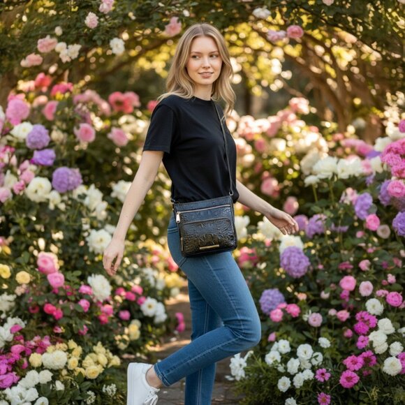 Brahmin Tilda Black Croc Embossed Leather Cross Body Satchel - Picture 2 of 9